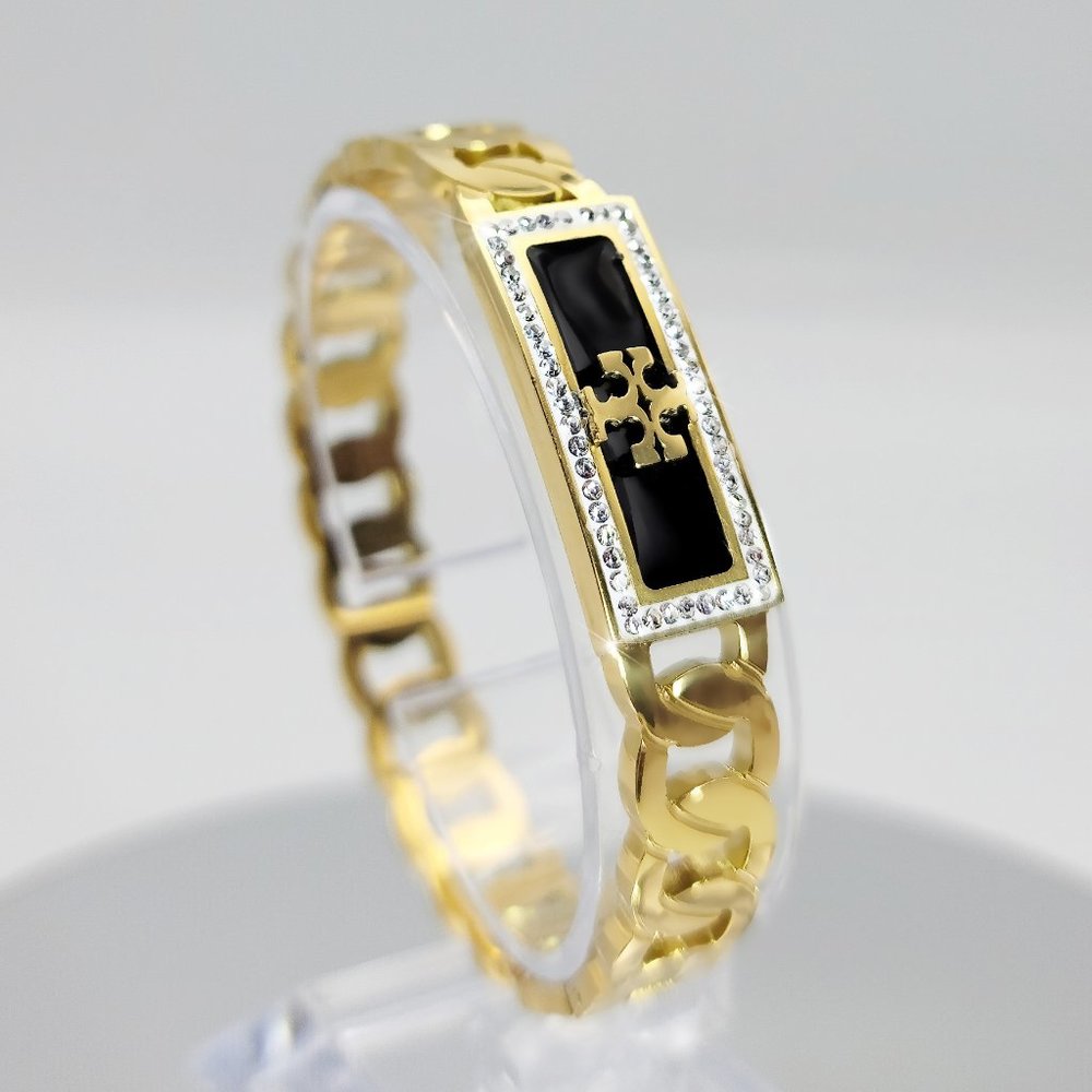 Designer Style Chain Link Logo Bracelet with Black Enamel and Crystals Accents